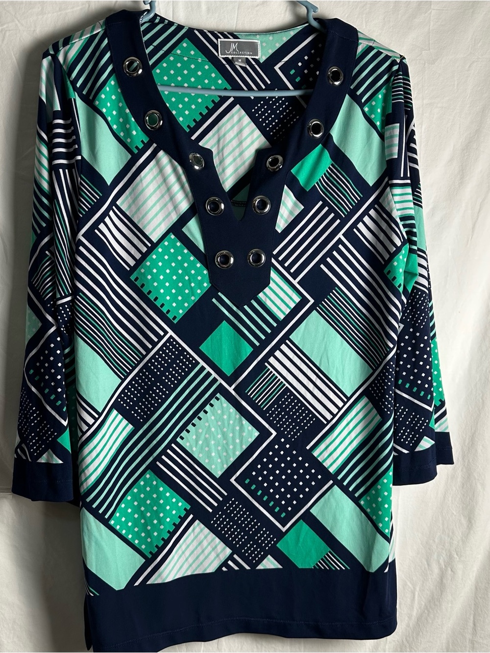 JM Collection Navy & Mint Geometric Grommet V-Neck Tunic